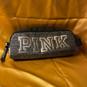 PINK bag w/clip-makeup or upright can hold water bottle. Black, gray & silver.